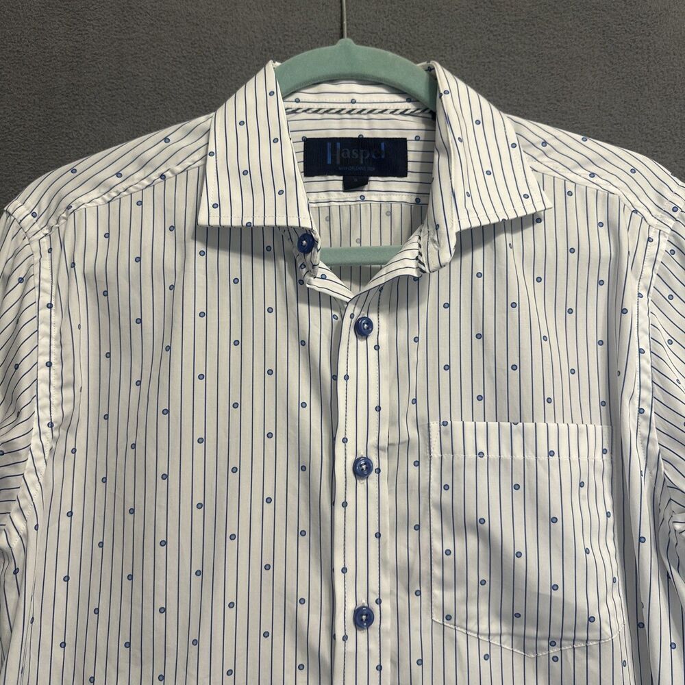 Haspel Co New Orleans Button Up Dress‎ Shirt Men Size Small White Blue Geometric